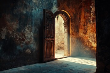 Obraz premium An ancient archway, brimming with rustic textures, opens to a sunlit path, creating a sense of mystery and history.