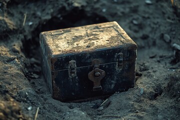 A weathered metal box, partially unearthed, tells stories of mystery and hidden treasures long buried beneath the surface.
