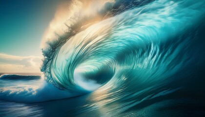 A massive ocean wave curling into a perfect barrel, with sunlight shining through the water, creating a stunning display of natural power and beauty.
