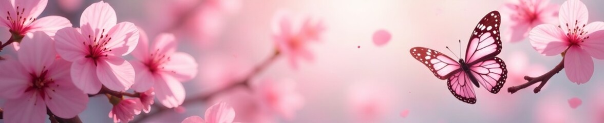 Obraz premium Butterflies fluttering among cherry blossoms in a delicate seamless design, delicate, pink, design