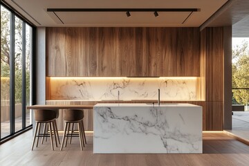 Modern kitchen island, wood wall, marble counter, autumn view, home design