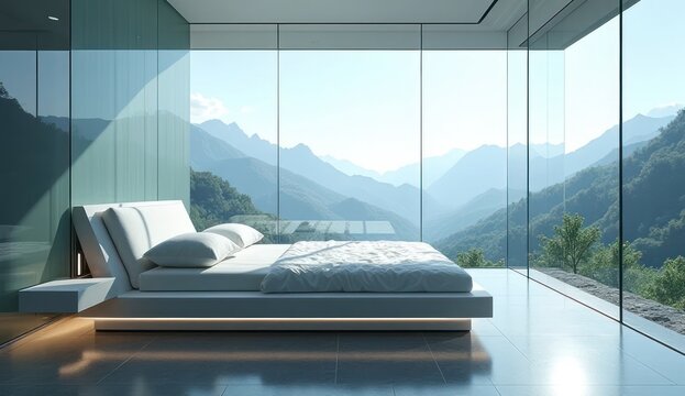 This bedroom is the definition of tranquility! The floor-to-ceiling glass walls seamlessly blend the indoor space with the breathtaking mountain landscape, making it feel like you're floating in natur