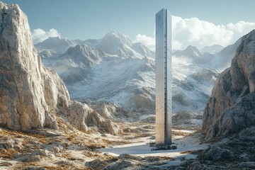 A futuristic metallic monolith stands solitary amidst a serene, snow-dusted mountain range.