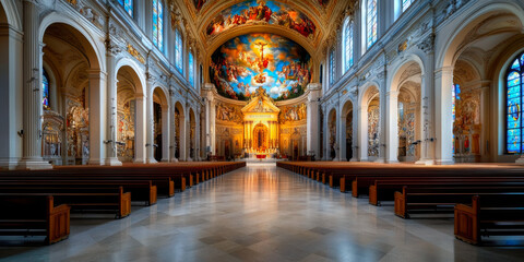 Obraz premium Step inside a breathtaking church, adorned with intricate details, colorful stained glass, and a grand altar, capturing the essence of tranquility and spiritual reverence.