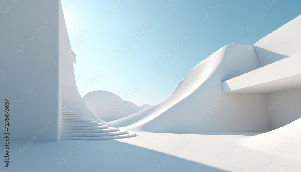 Poster Minimal architecture space with clean white walls, stairs and curved shapes under a bright blue sky. Modern building design with abstract geometric elements.