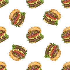 Hand drawn colored seamless pattern with tasty cheeseburgers in vintage style