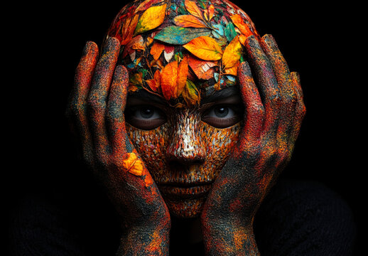 This striking portrait showcases the innovative fusion of body art and nature, with vibrant leaves and intricate patterns enhancing the subject's features against a stark black backdrop.