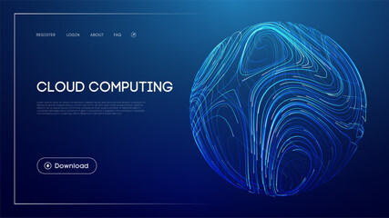 Cloud computing technology with abstract glowing sphere, futuristic blue background, digital data storage, network infrastructure, and modern UI design for innovation and online connectivity