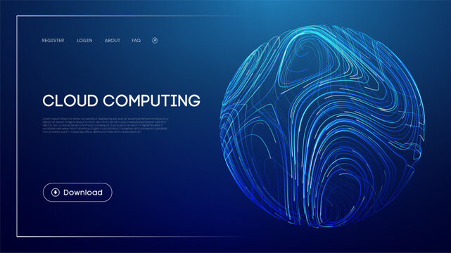 Cloud computing technology with abstract glowing sphere, futuristic blue background, digital data storage, network infrastructure, and modern UI design for innovation and online connectivity