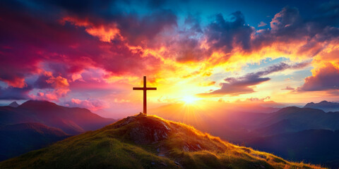 Fototapeta premium A solitary cross atop a serene hill, illuminated by a breathtaking sunset, symbolizes faith, reflection, and the beauty of nature.