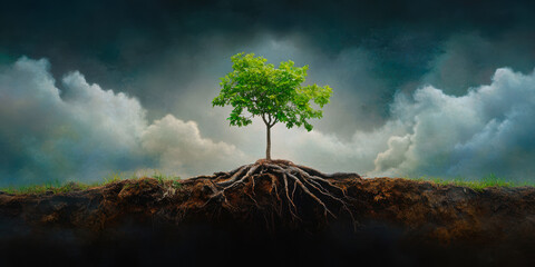 A solitary tree stands amidst swirling clouds, its deep roots anchoring it to the earth.