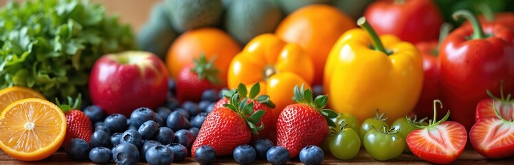 Functional nutrition close-up with fruits, vegetables, and berries like red pepper, orange, tomatoes, lettuce. Healthy eating for balanced diet, wellness and lifestyle concept. Colorful vibrant food.