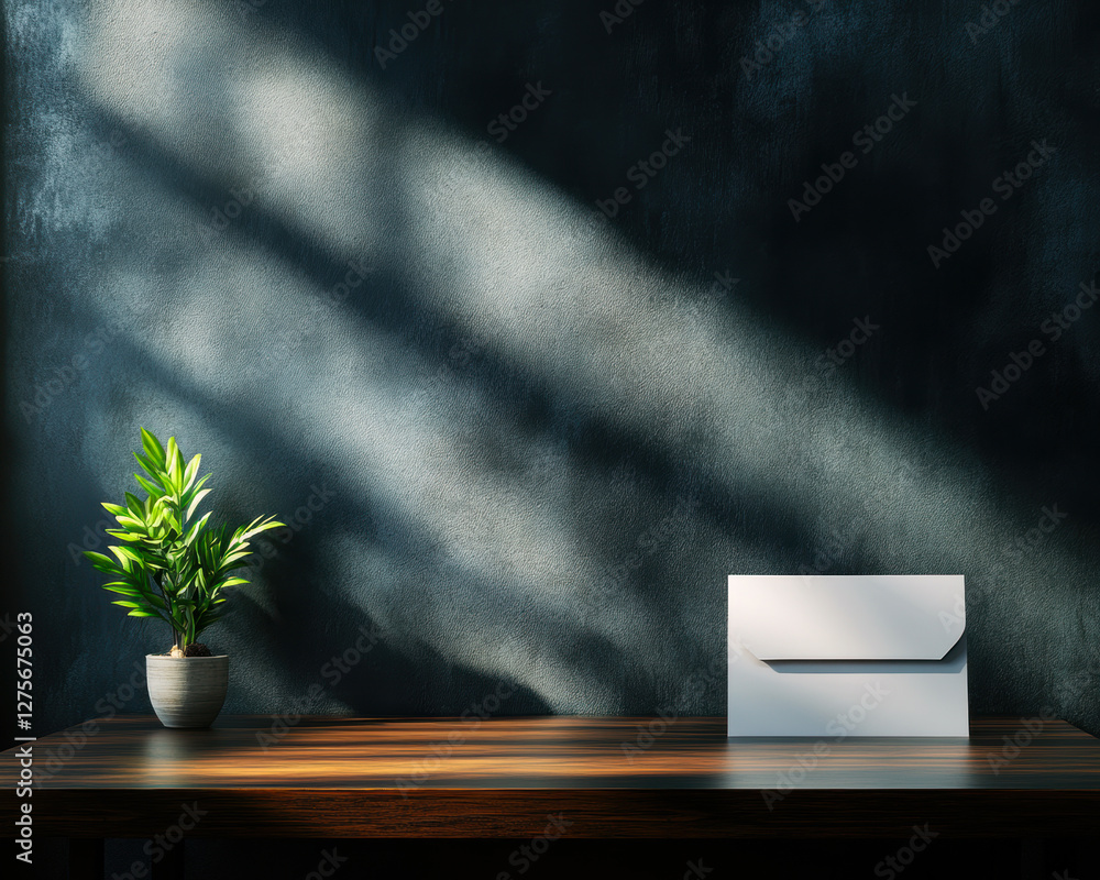 Poster a minimalist setting featuring a potted plant and an envelope, illuminated by soft sunlight and shad
