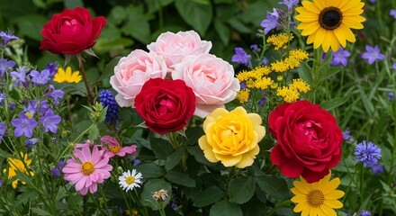 Fototapeta premium Beautiful Roses and Colorful Flowers in Bloom