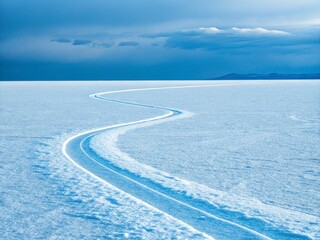 A winding tire track cuts through an endless expanse of snow or salt flats under a vast blue sky with distant mountains on the horizon, creating a serene yet mysterious atmosphere