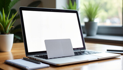 Fototapeta premium A close-up of a laptop with a blank screen and a business card on a wooden desk, perfect for branding and professional design showcases.