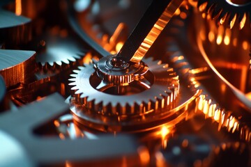 Precision-engineered gears shine in warm light, reflecting meticulous craftsmanship and the harmonious intricacy of mechanical design.