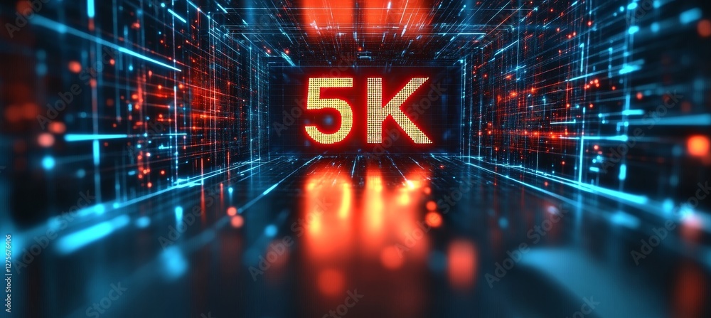 Poster glowing red 5k symbol in abstract digital space background representing big data and technology