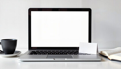 Fototapeta premium A laptop with a blank screen and a business card, accompanied by a coffee cup, creating a professional and inviting branding presentation.