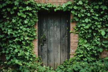 Overgrown ivy-covered rustic wooden door in brick wall