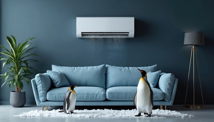 Stylish living room boasts blue sofa and wall-mounted air conditioner. A pair of penguins stand on floor covered with snow in this bizarre interior. Cool comfort.