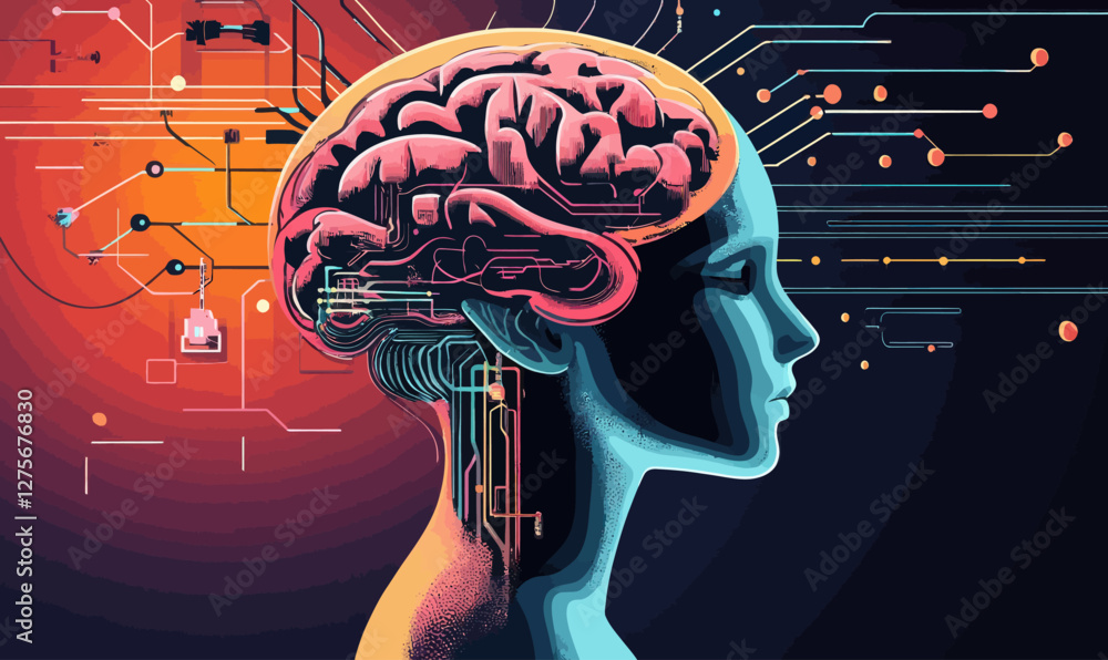Poster neural network ai creating art: minimalist svg vector of digital brain and robotics