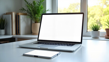 Fototapeta premium A mockup featuring a laptop with a blank screen, a business card, and additional stationery, perfect for branding presentations.