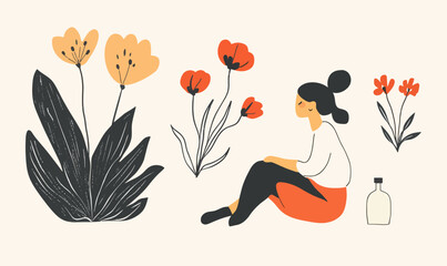 Minimalist Vector of Woman in Floral Setting Embracing Mental Self-care and Well-being