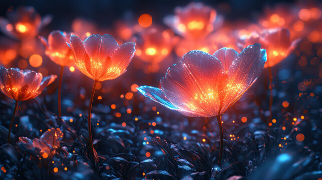 Glowing tulips field at night, magical floral garden, bokeh effect