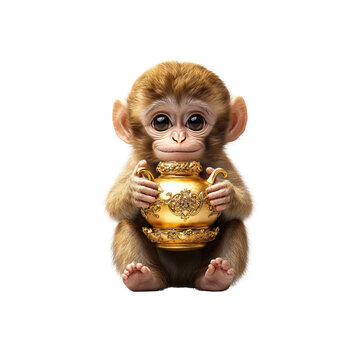 Adorable Baby Monkey Holding a Golden Treasure Vase