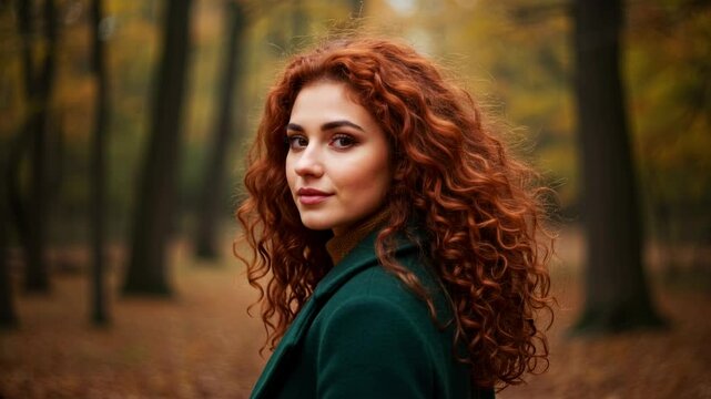 Young woman with red perm hair style in a forest during autumn, surrounded by colorful foliage