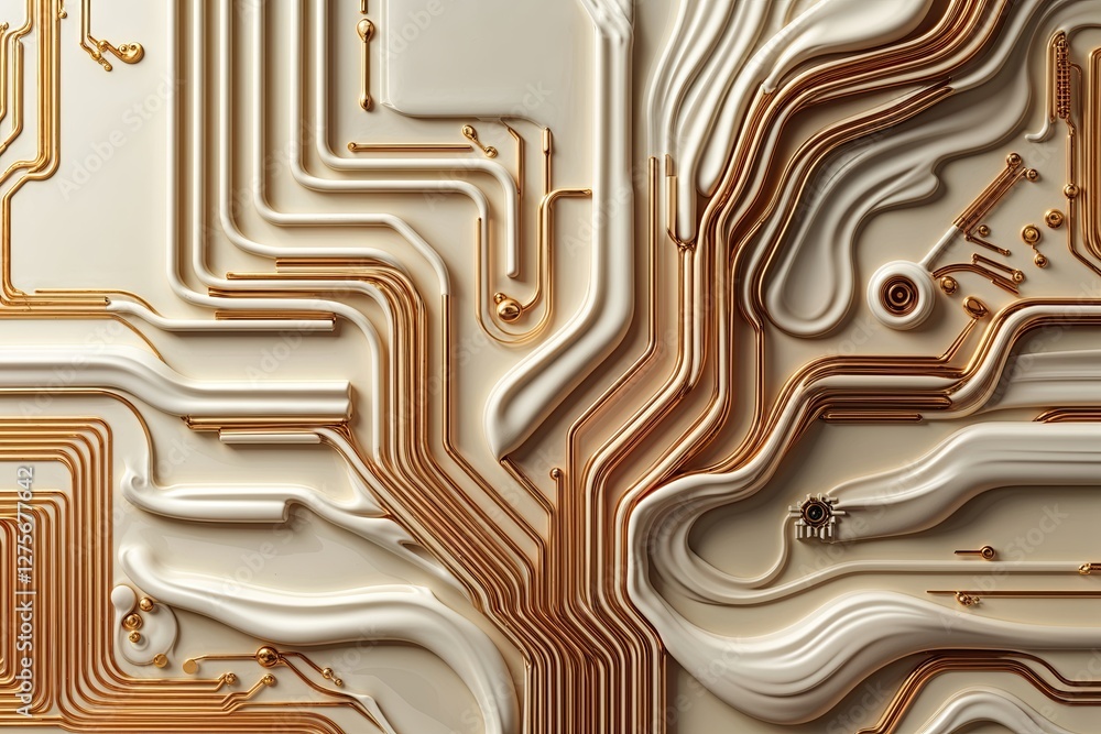 Poster advanced circuit pattern icon with flowing elements on creamy surface decor