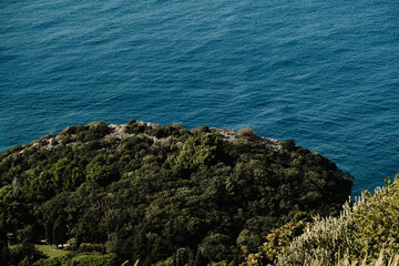 Lush green peninsula extending into the deep blue sea. The dense vegetation contrasts with the...