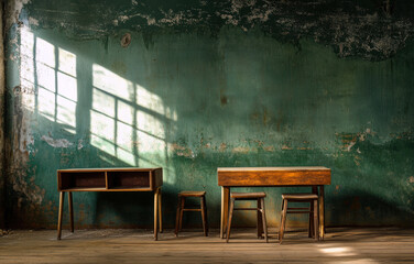A serene and nostalgic interior featuring rustic furniture against a weathered green wall, illuminated by soft, dappled sunlight filtering through a nearby window.
