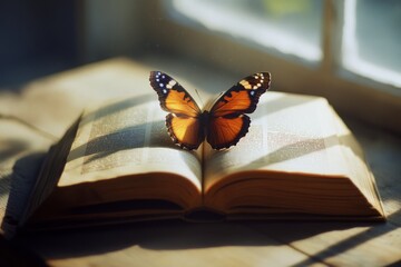 A monarch butterfly basks in the gentle sunlight atop an open book, symbolizing enlightenment and freedom.