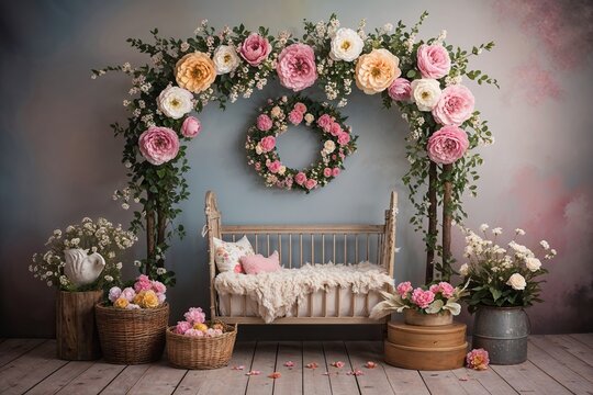 Charming Floral Nursery Backdrop with Enchanting Flower Arch for Photography Sessions