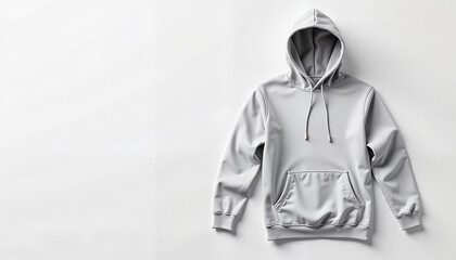 A folded hoodie mockup featuring a blank design with pockets, placed on a neutral surface with soft shadows. Perfect for showcasing clothing designs, brand promotions