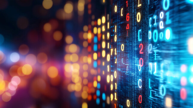 Abstract digital representation of binary data and numerical sequences, symbolizing the concept of modern technology, artificial intelligence, and data processing in a digital world. - Powered by Adobe