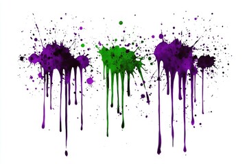 Bright dripping paint splashes in green and purple. Vivid artistic expression