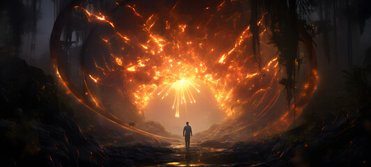 a firefly protecting a portal with people going through it, ai generative