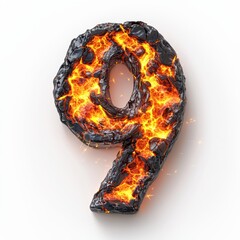 Number 9 made of erupting lava with glowing sparks isolated on a clean white background