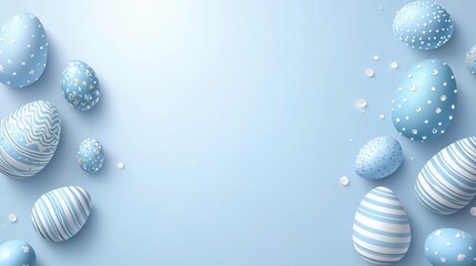 Fototapeta premium Scattered blue Easter eggs with patterns and copy space on pastel background. Holiday design and spring celebration