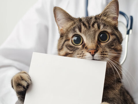 Close-up of a cute cat holding a blank paper board with paws, expressive eyes, white background, space for text or advertisement - Powered by Adobe