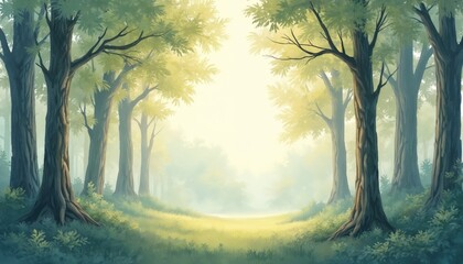 Naklejka premium Artistic nature background with pastel colors. Forest with trees, open space, sun light. Generative AI illustration in anime style, manga for wallpaper or spring design.