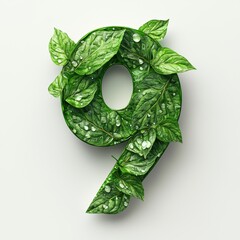 Number 9 made of lush green leaves with dewdrops and natural veins isolated on a clean white background