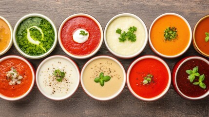 Fresh Vegetable Soups in Colorful Bowls Showcasing Diverse Flavors and Ingredients on Wooden Table