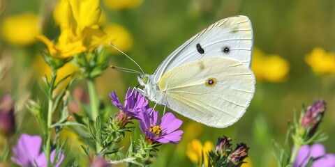 Naklejka premium A butterfly resting on a vibrant wildflower in an open meadow