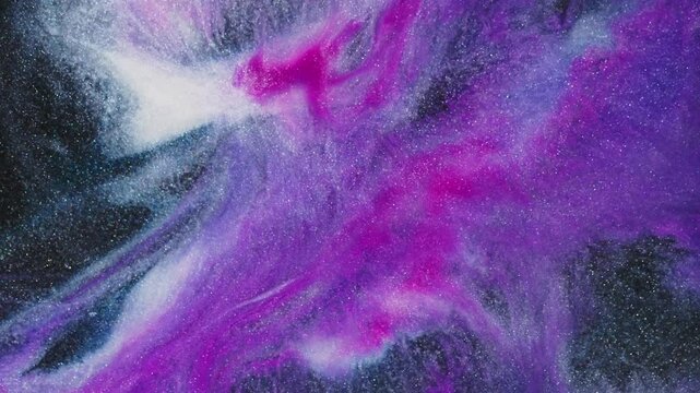 A captivating abstract design featuring swirling shades of magenta, purple, and white with a glittery texture on a black background. The dynamic composition evokes a cosmic for creative projects.