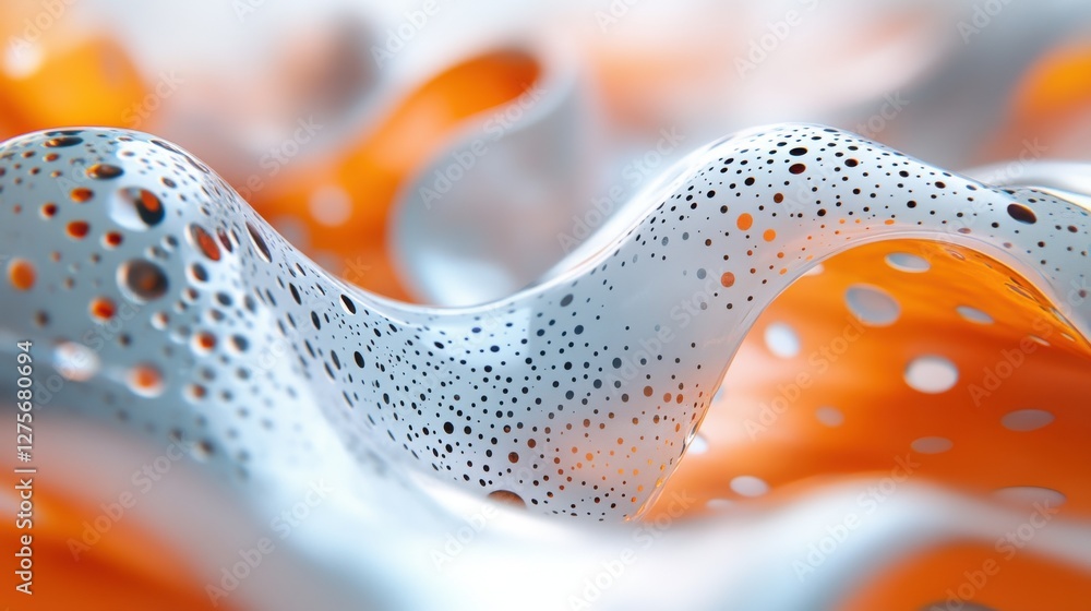 Poster abstract design of flowing waves with bubbles and a vibrant orange color palette