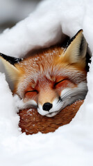 Obraz premium red fox is sleeping peacefully in snow, surrounded by serene winter landscape
